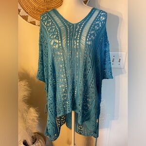 Shermie loose casual crochet cover up. Peacock blue. OS